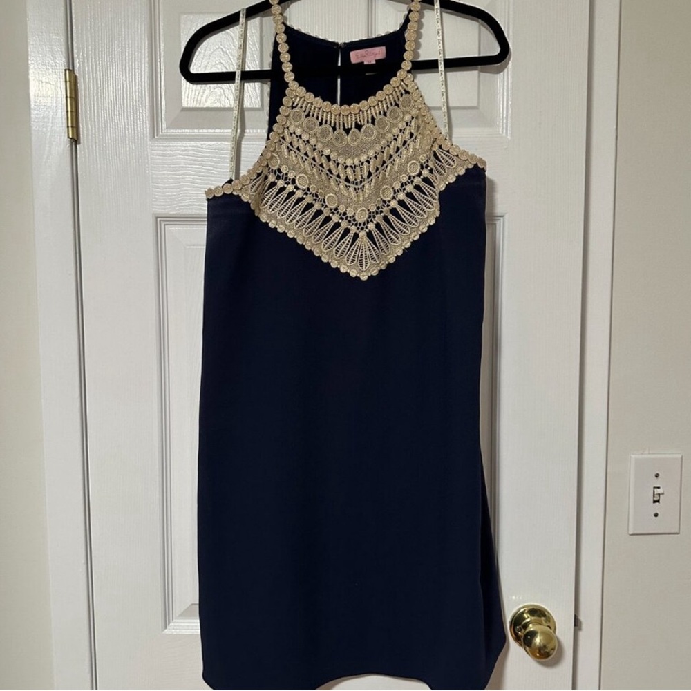 Lilly Pulitzer Navy & Gold Pearl Halter Dress
